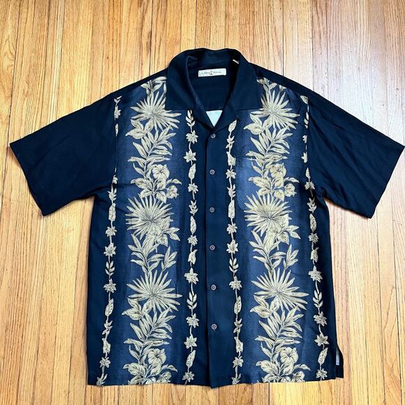 Tommy Bahama Shirt Mens Medium Black Floral Hawaiian 100% Silk Button - Picture 1 of 7